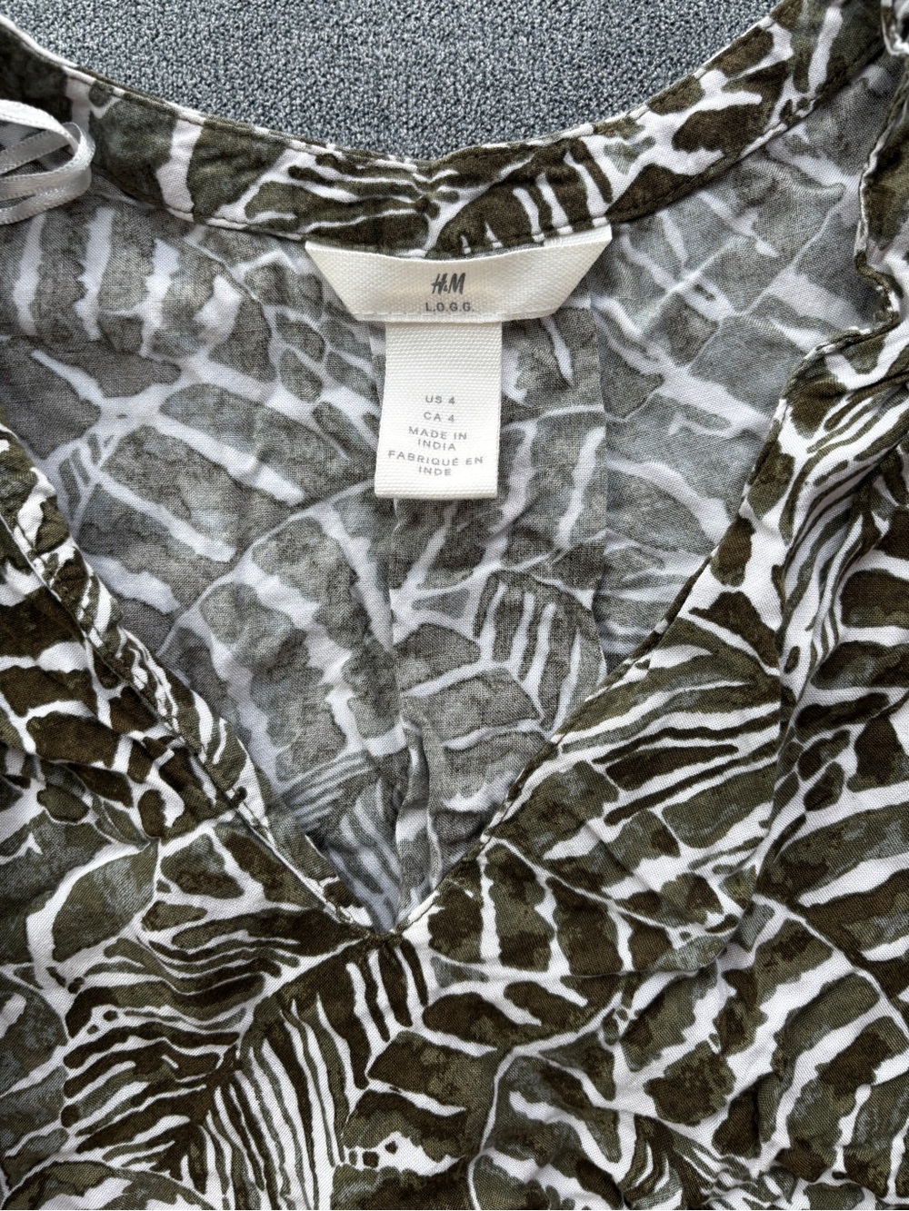 H&M Olive Green and White Printed V-Neck Blouse